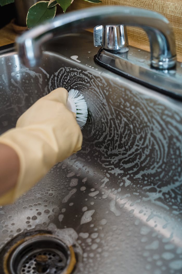 Home Close-up of hand with glove scrubbing a stainless steel sink with soap and brush.